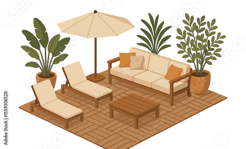 Isometric illustration of outdoor patio furniture set with sofa, deck chairs, parasol, coffee table, potted tropical plants, and wooden flooring. Flat vector drawing isolated on white background. Back