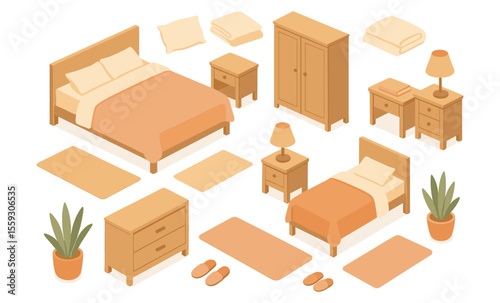 Isometric illustration of bedroom furniture set with double bed, single bed, nightstands, lamps, wardrobe, dresser, rugs, pillows, blankets, slippers, books, and potted plants. Flat vector drawing iso