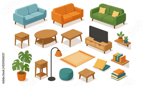 Isometric illustration of living room interior elements including sofas, coffee tables, TV stand, lamps, pouf, books, cushions, houseplant, and decorative shelf. Flat vector drawing isolated on white 