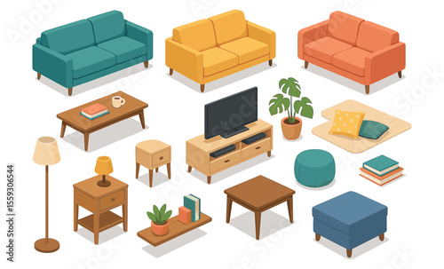 Isometric illustration of living room interior elements including sofas, coffee tables, TV stand, lamps, pouf, books, cushions, houseplant, and decorative shelf. Flat vector drawing isolated on white 