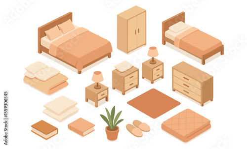 Isometric illustration of bedroom furniture set with double bed, single bed, nightstands, lamps, wardrobe, dresser, rugs, pillows, blankets, slippers, books, and potted plants. Flat vector drawing iso