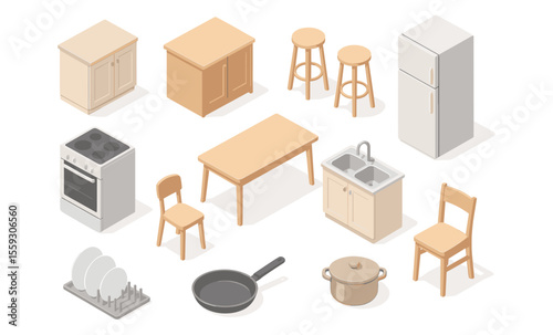 Isometric illustration of kitchen furniture and equipment including cabinets, table, chairs, bar stools, stove, refrigerator, sink, dish rack, frying pan, and cooking pot. Flat vector drawing isolated