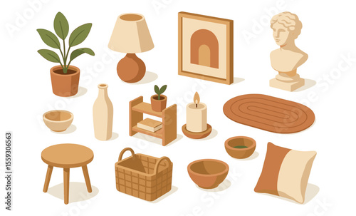 Isometric illustration of decorative home elements including lamp, candle, plant in pot, framed artwork, bust sculpture, vases, rug, stool, basket, cushion, shelf, and ceramic bowls. Flat vector drawi