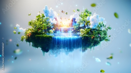 Floating island waterfall, nature, sunset, paradise, ecology