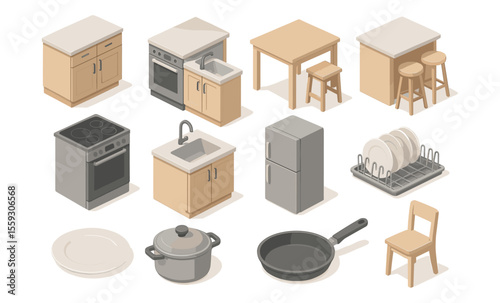 Isometric illustration of kitchen furniture and equipment including cabinets, table, chairs, bar stools, stove, refrigerator, sink, dish rack, frying pan, and cooking pot. Flat vector drawing isolated
