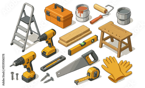 Isometric illustration of construction tools and materials including power drills, saw, level, tape measure, paint cans, roller, gloves, screws, toolbox, step ladder, wooden planks, and workbench. Fla