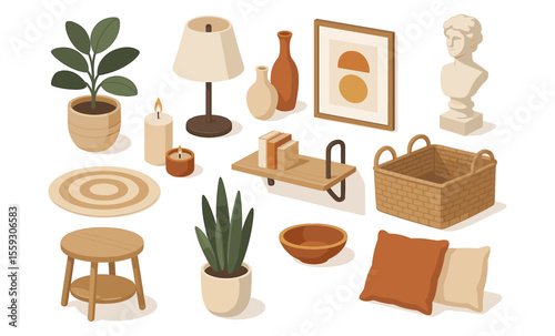 Isometric illustration of decorative home elements including lamp, candle, plant in pot, framed artwork, bust sculpture, vases, rug, stool, basket, cushion, shelf, and ceramic bowls. Flat vector drawi