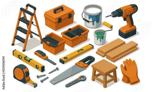 Isometric illustration of construction tools and materials including power drills, saw, level, tape measure, paint cans, roller, gloves, screws, toolbox, step ladder, wooden planks, and workbench. Fla