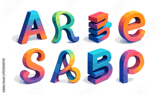 Set of colorful 3D stylized alphabet letters in gradient colors including A, R, E, S, B, P and abstract variations. Modern bold typography design isolated on white background. Decorative font and lett