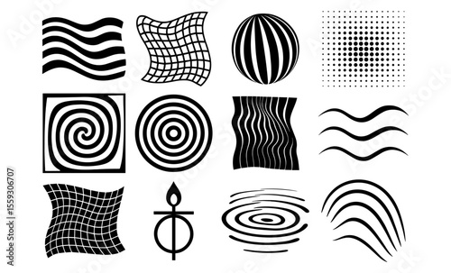 Set of abstract black and white optical illusion shapes including spirals, waves, concentric circles, checkered surfaces, radial burst, halftone triangle, and warped grids. Geometric graphic elements 