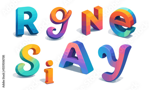 Set of colorful 3D stylized alphabet letters in gradient colors including R, G, N, E, S, I, A, Y with playful and bold shapes. Modern decorative typography design isolated on white background. Artisti