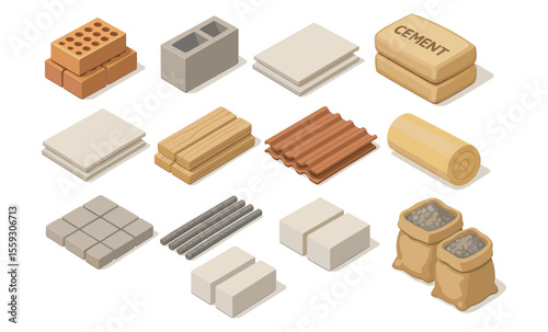 Set of isometric construction materials including bricks, concrete blocks, cement bags, wooden planks, tiles, insulation roll, rebar rods, roof sheets, gravel sacks, and gypsum boards. Building supply