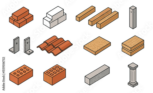 Set of isometric construction materials including red bricks, concrete blocks, wooden beams, structural columns, roof tiles, plywood sheets, and prefabricated U-shaped beams. Building and architecture