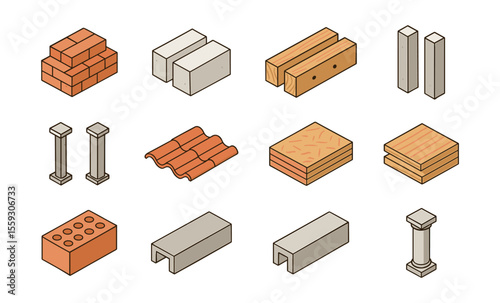 Set of isometric construction materials including red bricks, concrete blocks, wooden beams, structural columns, roof tiles, plywood sheets, and prefabricated U-shaped beams. Building and architecture