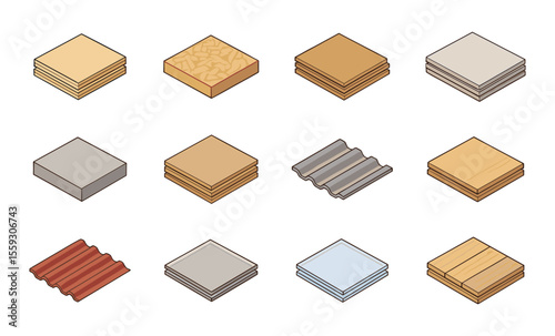 Set of isometric construction sheet materials including plywood, chipboard, MDF, drywall, fiberboard, oriented strand board, concrete board, metal sheet, plastic panel, glass sheets, roof tile, and wo
