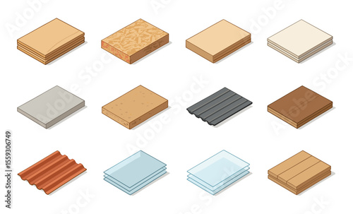 Set of isometric construction sheet materials including plywood, chipboard, MDF, drywall, fiberboard, oriented strand board, concrete board, metal sheet, plastic panel, glass sheets, roof tile, and wo
