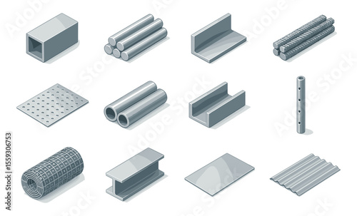 Set of isometric metal construction materials including steel pipes, rods, beams, mesh rolls, perforated sheets, corrugated panels, flat plates, and scaffolding elements. Industrial and architectural 
