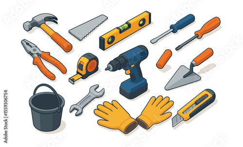 Set of isometric construction tools including hammer, pliers, saw, drill, screwdrivers, wrench, tape measure, spirit level, cutter knife, trowel, gloves, bucket, and handle. Hand tools and equipment i