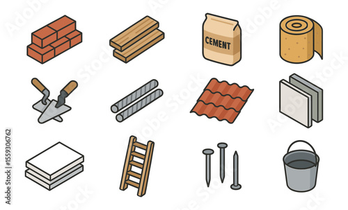 Set of isometric construction elements including bricks, wooden planks, cement bag, insulation roll, trowels, steel rods, roof tiles, drywall panels, nails, bucket, and ladder. Building materials and 