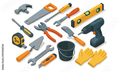Set of isometric construction tools including hammer, pliers, saw, drill, screwdrivers, wrench, tape measure, spirit level, cutter knife, trowel, gloves, bucket, and handle. Hand tools and equipment i