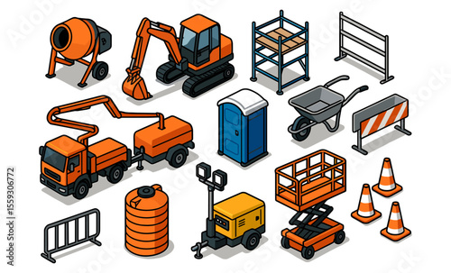 Set of isometric construction site equipment including cement mixer, excavator, scaffolding, safety fences, portable toilet, wheelbarrow, concrete pump truck, generator light tower, scissor lift, wate