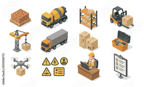Set of isometric construction logistics and management icons including brick pallet, cement mixer truck, warehouse rack, forklift, crane, delivery truck, drone, tool box, packages, safety signs, engin
