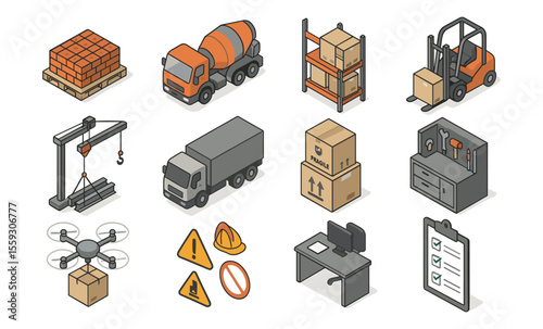 Set of isometric construction logistics and management icons including brick pallet, cement mixer truck, warehouse rack, forklift, crane, delivery truck, drone, tool box, packages, safety signs, engin