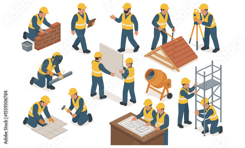 Set of isometric construction workers performing tasks such as bricklaying, roofing, welding, tiling, plasterboard installation, scaffolding setup, surveying, planning, and supervising. People in safe
