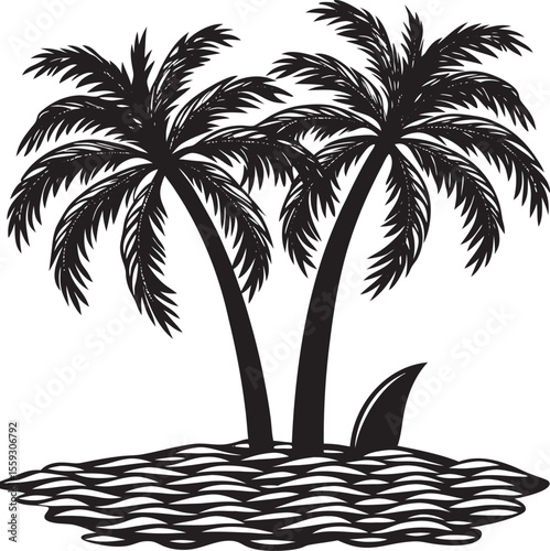 Tropical Island Silhouette: Two Palm Trees, Ocean Waves, Shark Fin, Vintage Style, Monochrome Graphic