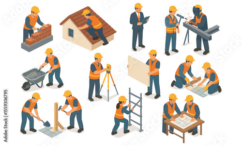 Set of isometric construction workers performing tasks such as bricklaying, roofing, welding, tiling, plasterboard installation, scaffolding setup, surveying, planning, and supervising. People in safe