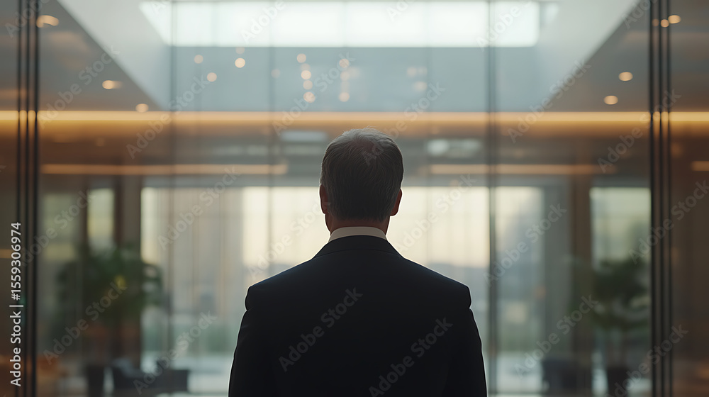 Fototapeta premium A professional stands confidently in a modern office lobby, back to the viewer, gazing at the bright interior. Ambition and success in corporate settings.
