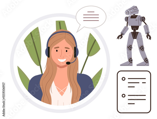 Smiling woman using a headset, speech bubble, robot assistant, task list, and plant leaves. Ideal for technology, communication, AI teamwork assistance customer service collaboration. Simple flat
