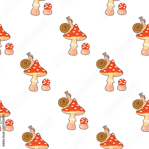 Cartoon seamless pattern with cute snail and fly agaric mushrooms. Red, pink and brown colors on white background. Colorful print on fabric and paper. Vector design for textile, wallpaper, cover.