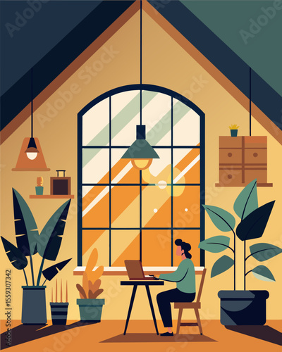 Sunlight streams through the windows of a converted barn where a freelancer works away surrounded by vintage furniture potted plants and the smell of fresh coffee brewing.. Vector illustration