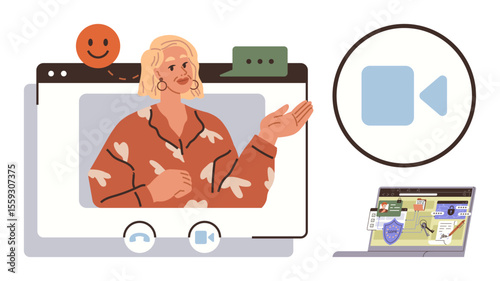 Female speaker presenting during a video call, interactive messaging, collaboration tools, and virtual meeting icons. Ideal for communication, teamwork, education, remote work, technology
