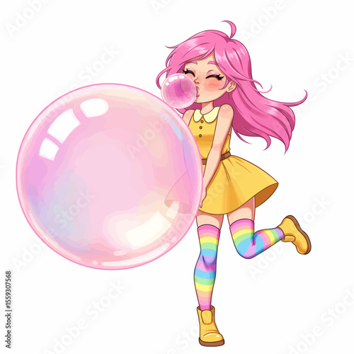 Cute Girl Blowing Bubble Gum Vector Illustration Cheerful Kid Cartoon Art