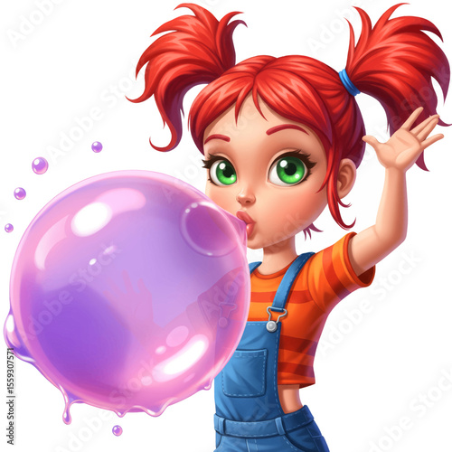 Cute Girl Blowing Bubble Gum Vector Illustration Cheerful Kid Cartoon Art