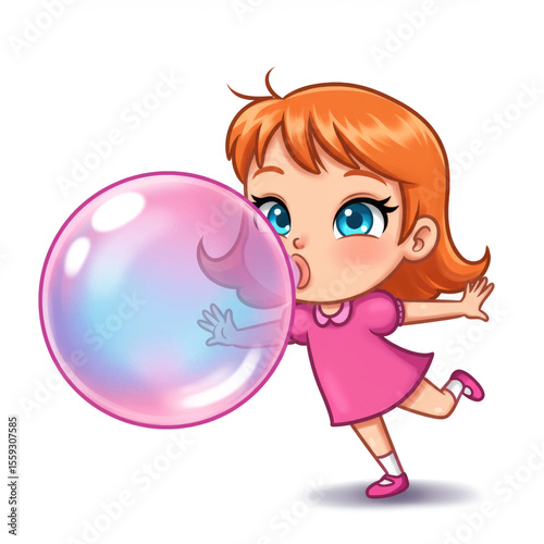 Cute Girl Blowing Bubble Gum Vector Illustration Cheerful Kid Cartoon Art