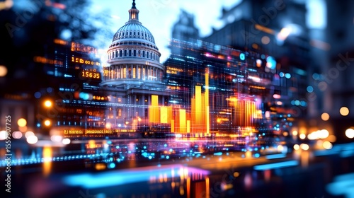 Capitol Hill data visualization, night cityscape, finance