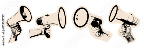 Megaphones held by hands grunge vintage retro style, representing communication, announcement, and amplification.