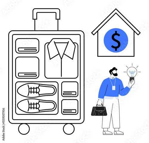 Luggage with clothing and gear neatly arranged, home symbol with dollar, businessman holding lightbulb. Ideal for travel, business, organization, financial planning, innovation, relocation