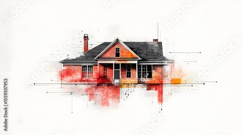 Rustic brick house architectural sketch, rural setting, watercolor background, real estate