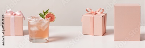 Wallpaper Mural Black Friday. Long banner. Pink cocktail with garnish beside gift boxes on white background   Torontodigital.ca