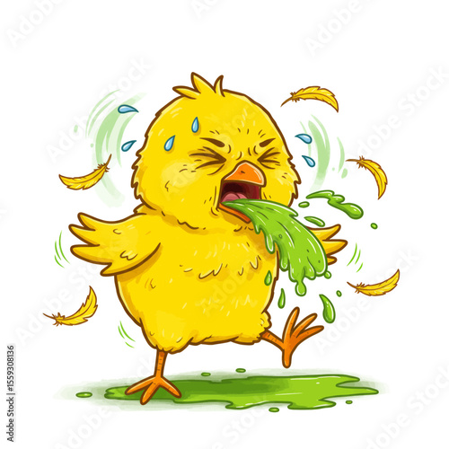 Unhappy Chick Throwing Up Vector Art Poorly Baby Bird with Green Vomit, Health Issue Illustration