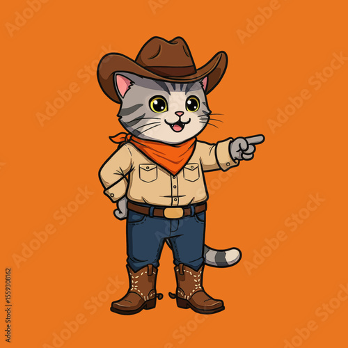 Vector Illustration of a Cowboy Cat Adorable Kitten Sheriff Showing the Way