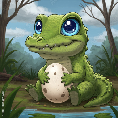 Cute Baby Crocodile with Egg Vector Illustration Adorable Cartoon Alligator Hatchling, Wildlife Art