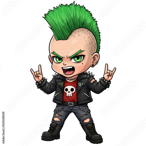 Punk Rock Kid Vector Illustration Cartoon Boy with Mohawk and Skull Shirt