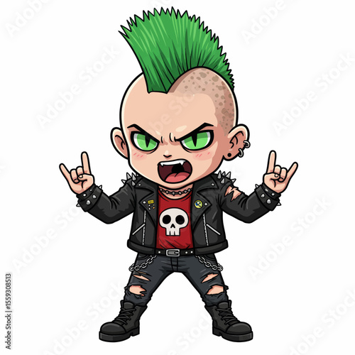 Punk Rock Kid Vector Illustration Cartoon Boy with Mohawk and Skull Shirt