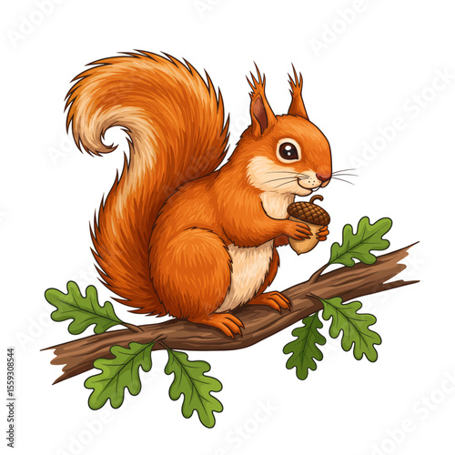 Cartoon Squirrel Vector Illustration Fluffy Animal on Oak Branch, Cute Rodent Graphic