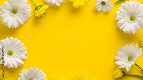 Yellow background, white daisies, yellow flowers, frame, spring, greeting card